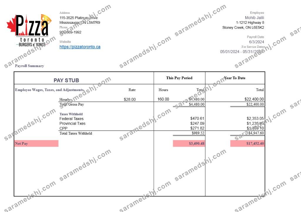 Pizza Toronto pay stub template in Word and PDF formats.pdf, 1